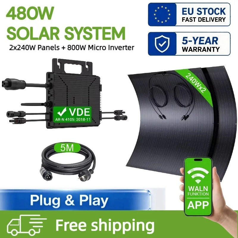 Shelfsun Balcony Solar Kit | 4 × 240W Flexible Panels + 800W Micro Inverter, Plug & Play, IP67