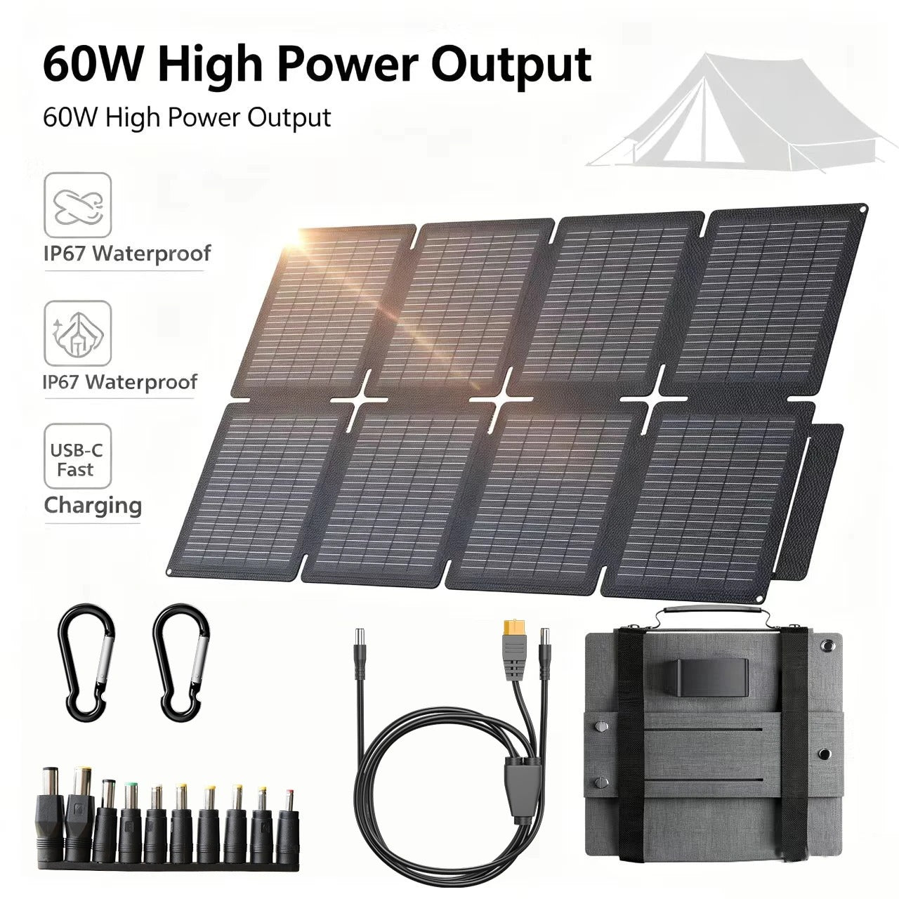 Shelfsun 60W Foldable Solar Panel | IP67 Portable Charger with Adjustable Stand, for Camping & Power Banks