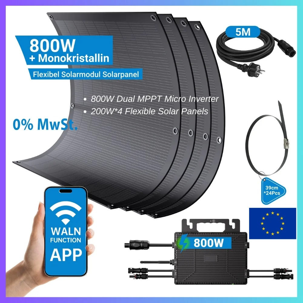Shelfsun 800W Balcony Solar System | 4 × 200W Flexible Panels + 800W Micro Inverter, Plug & Play with WiFi Monitoring