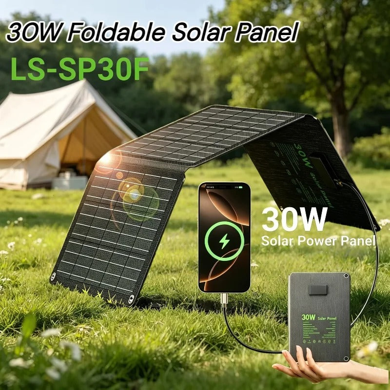Shelfsun 30W Foldable Solar Panel | IP67 Portable Charger, USB-C / USB-A / DC Outputs, for Camping & Hiking